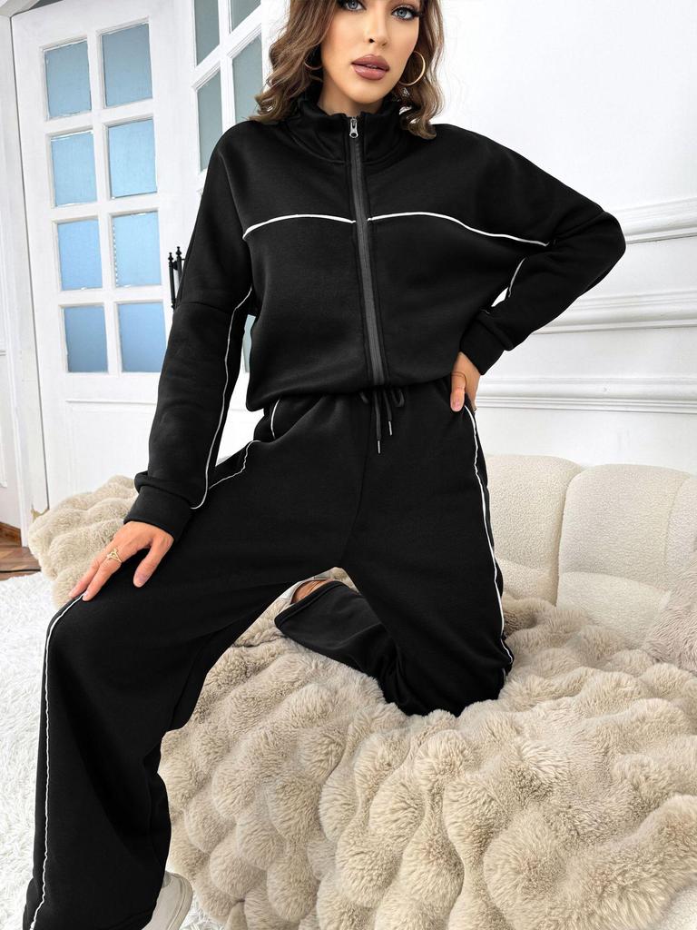 2024 European & American Leisure Suit: Long-Sleeve Half-High Collar Cardigan with Lace-Up Striped Trousers