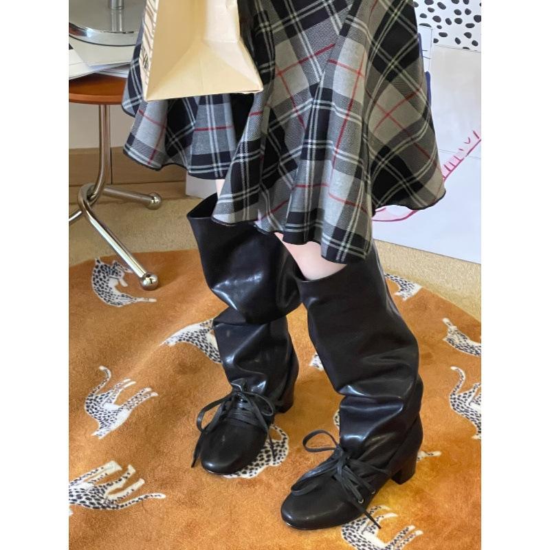 Versiune piele de oaie retro cu vârf rotund, curea plisată, cizme cu grămadă, cizme înalte cu toc gros pentru femei, cizme noi de cowboy western, cizme lungi