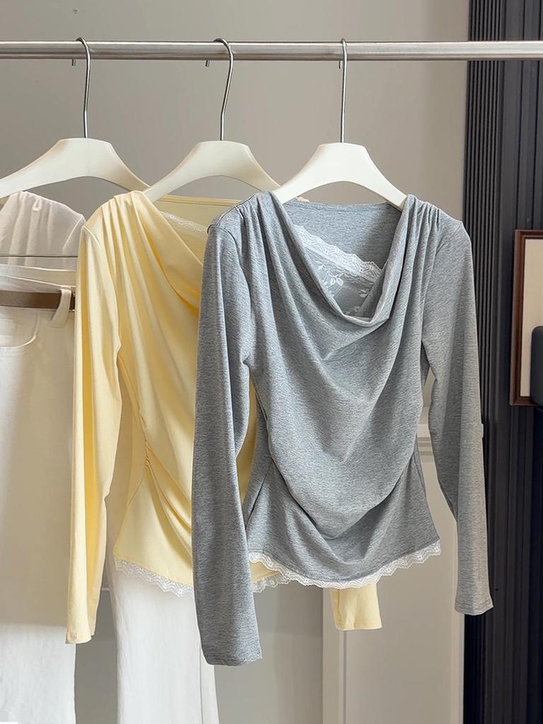 Spring Sweet Lace Patchwork One-Shoulder Slimming Long Sleeve T-Shirt Top