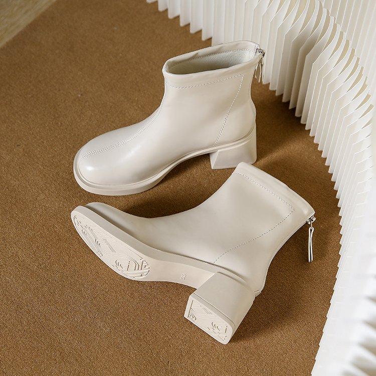 Cizme de modă pentru femei Stil britanic Iarnă Călduroase Pluș Toc gros Piele PU Cizme scurte Versatile Vârf rotund Cizme de gleznă pentru femei