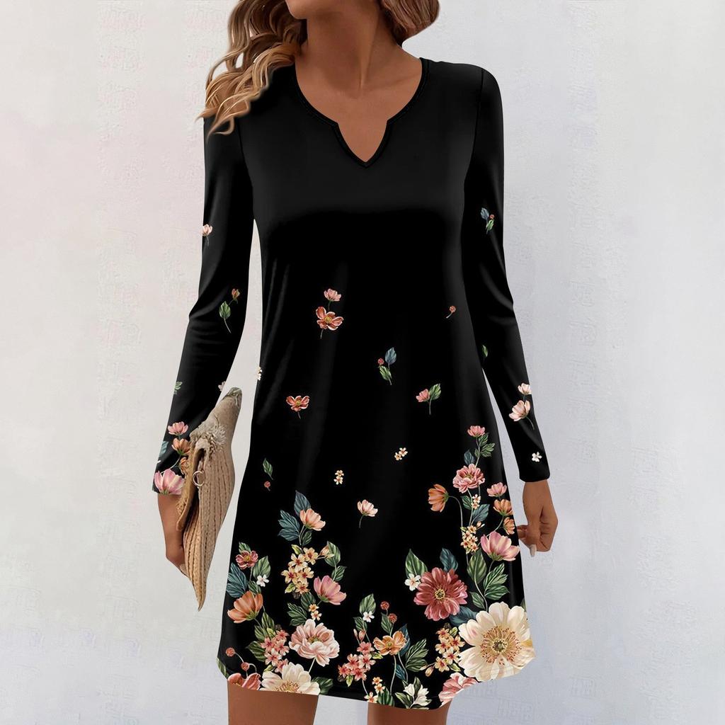 Women's Long-sleeved Casual Midi Dresses V-Neck Print  Casual Dress