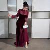 Abito da Sera Vintage Elegante da Donna Autunno Inverno in Velluto a Manica Lunga con Patchwork di Pizzo Girocollo