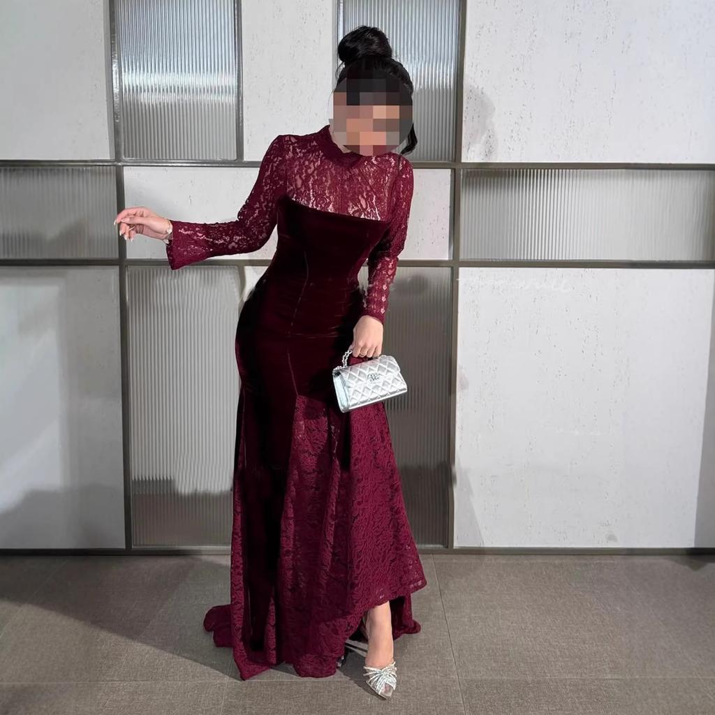 Fall Winter Women's Vintage Elegant Velvet Long Sleeve Lace Patchwork Round Neck Evening Party Dress