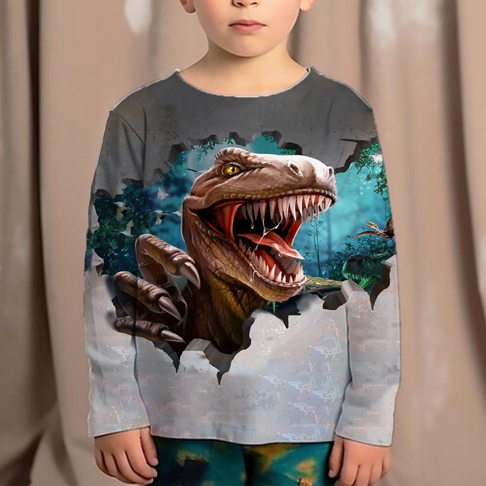 Korean Children's Clothing 2023 Kids Replica Brands 3d Print Animals Dinosaur Tops For Boys Fashion Autumn T-Shirt Full Sleeve