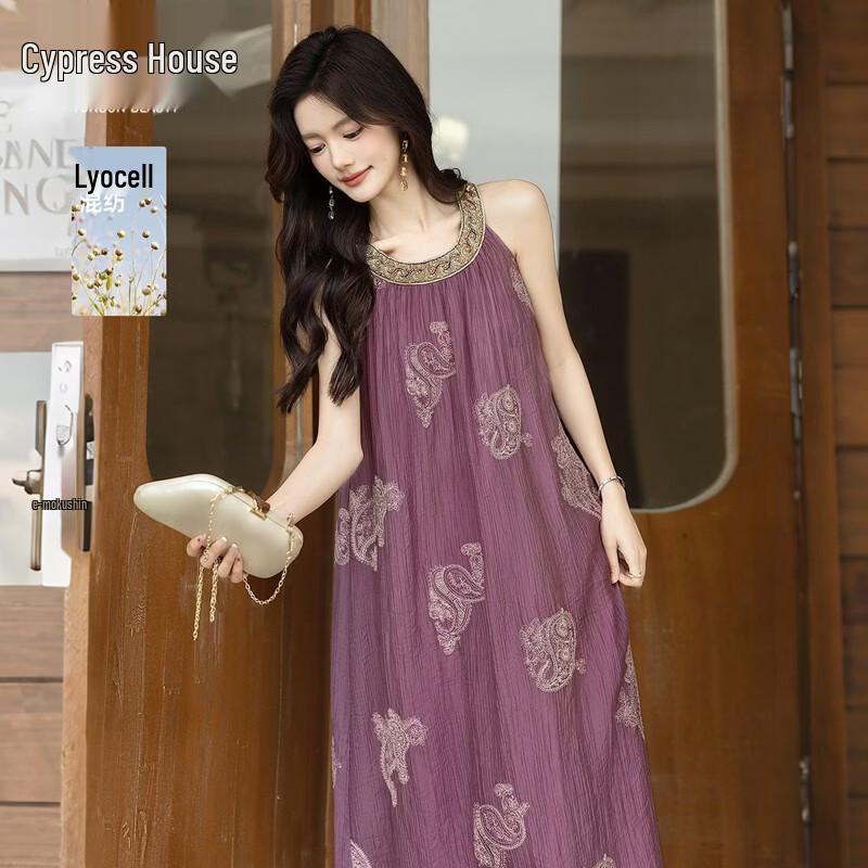Women s Elegant Retro Embroidered Lyocell A-Line Dress M