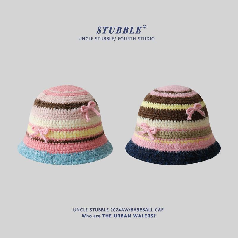 New Autumn and Winter Knitted Hat Korean Style Sweet and Cute Girls Contrasting Striped Woolen Hat Showing Face Small Warm Fisherman Hat