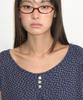 RONRON Floral Button Pintuck Ruffle T Shirt Navy