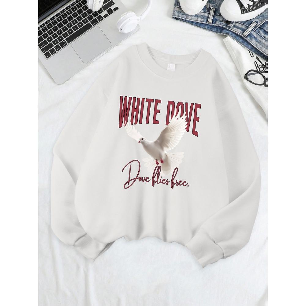 

White Pigeon Flying Printed Sweatshirt Women s Warm Winter Hoodie Loose Casual Pullover Round Neck Soft Women s Clothing S