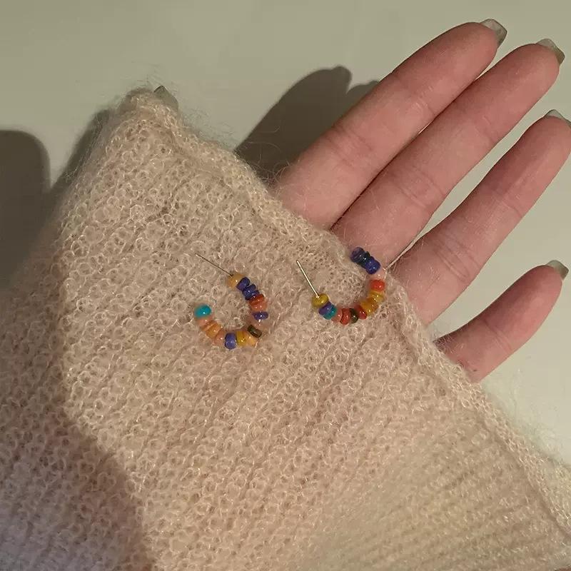 Japan and Korea cute color beaded earrings women's new trendy autumn and winter earrings simple and cold wind ring earrings