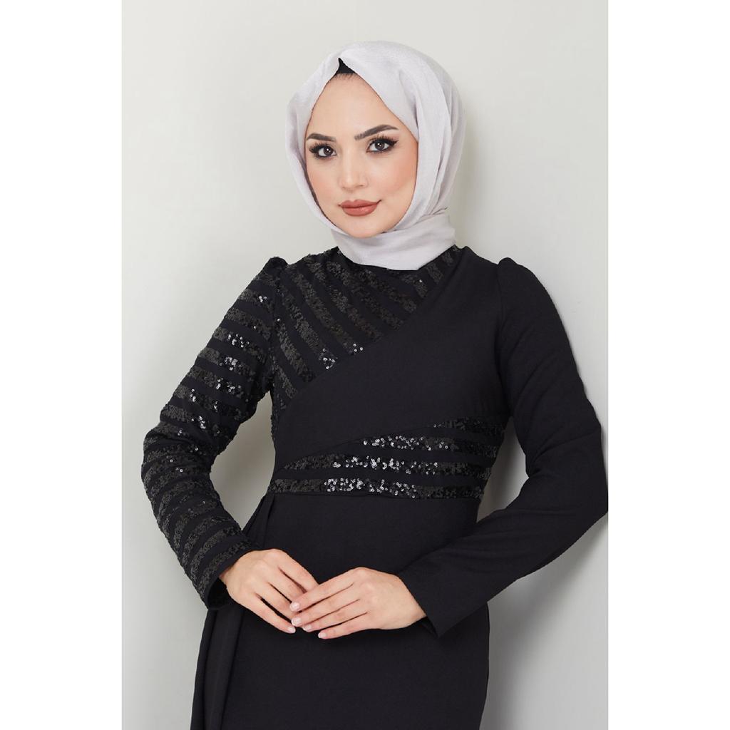 Damenbekleidung Abendkleid Mode Pailletten Cape Hijab Fisch Abendkleid 2711 Schwarz