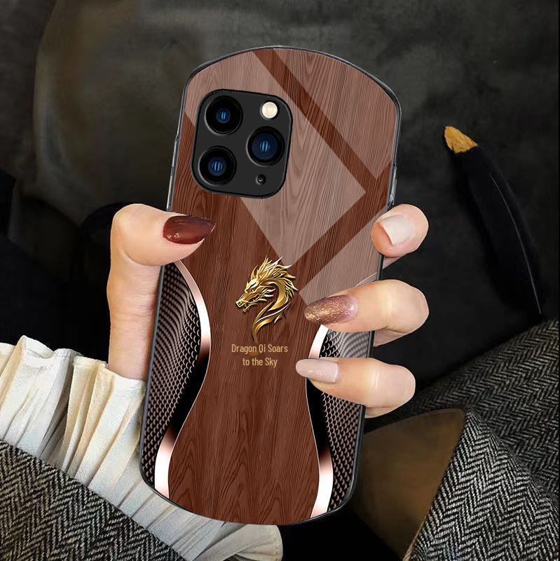 Holzmaserung iPhone XR Blue Dragon Glass Case für Apple 15 Pro, 14 Max, 13 und 11.