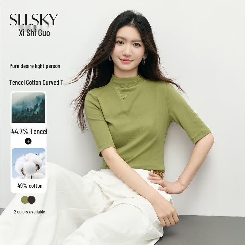 Women s Tencel Blend Short Sleeve Semi-High Neck T-Shirt M