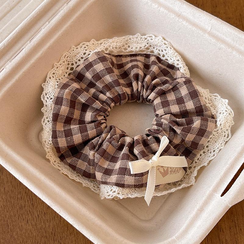 Korean Lace Trim Plaid Scrunchie for Women - Cute Cream Style High-End Hair Accessory