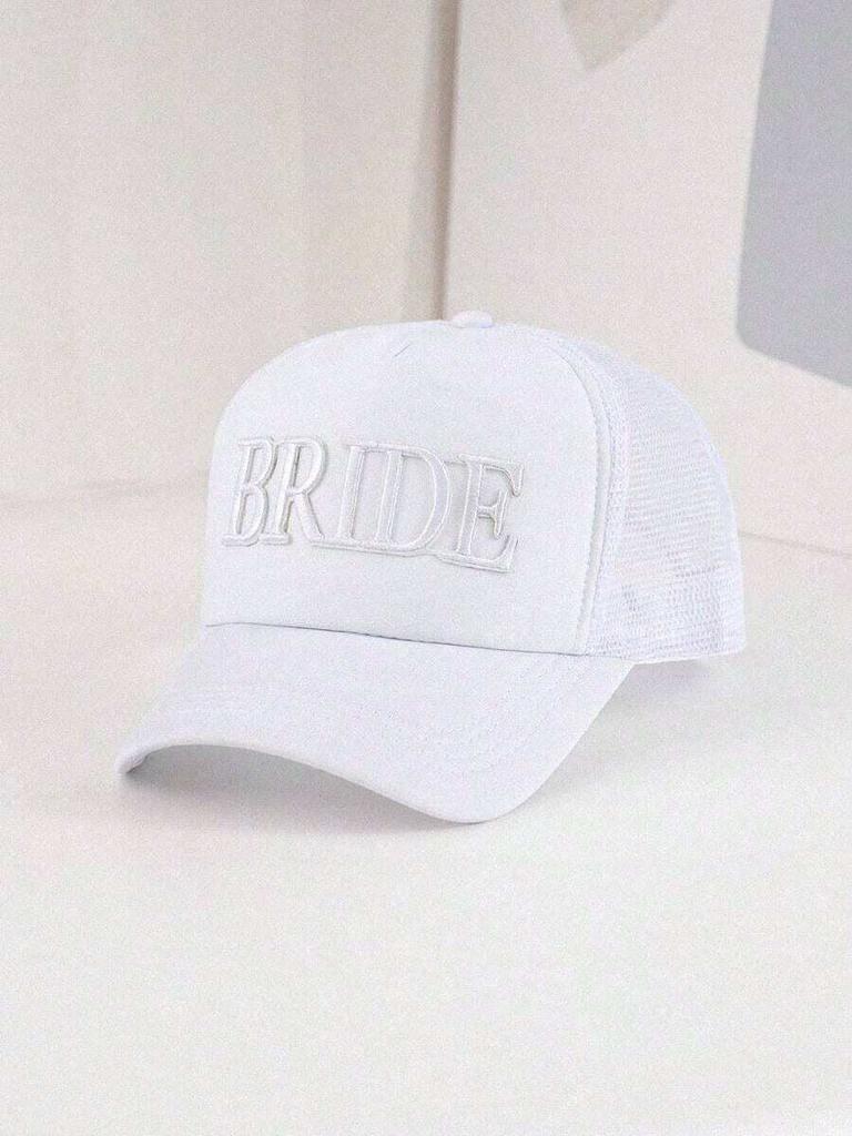 White Bride Trucker Hat With 3D Embroidery, Breathable Mesh Back For Bachelorette Party Wedding Bridal Shower