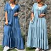 Women's Blue Ombre V-Neck Short Sleeve Tiered Maxi Dress