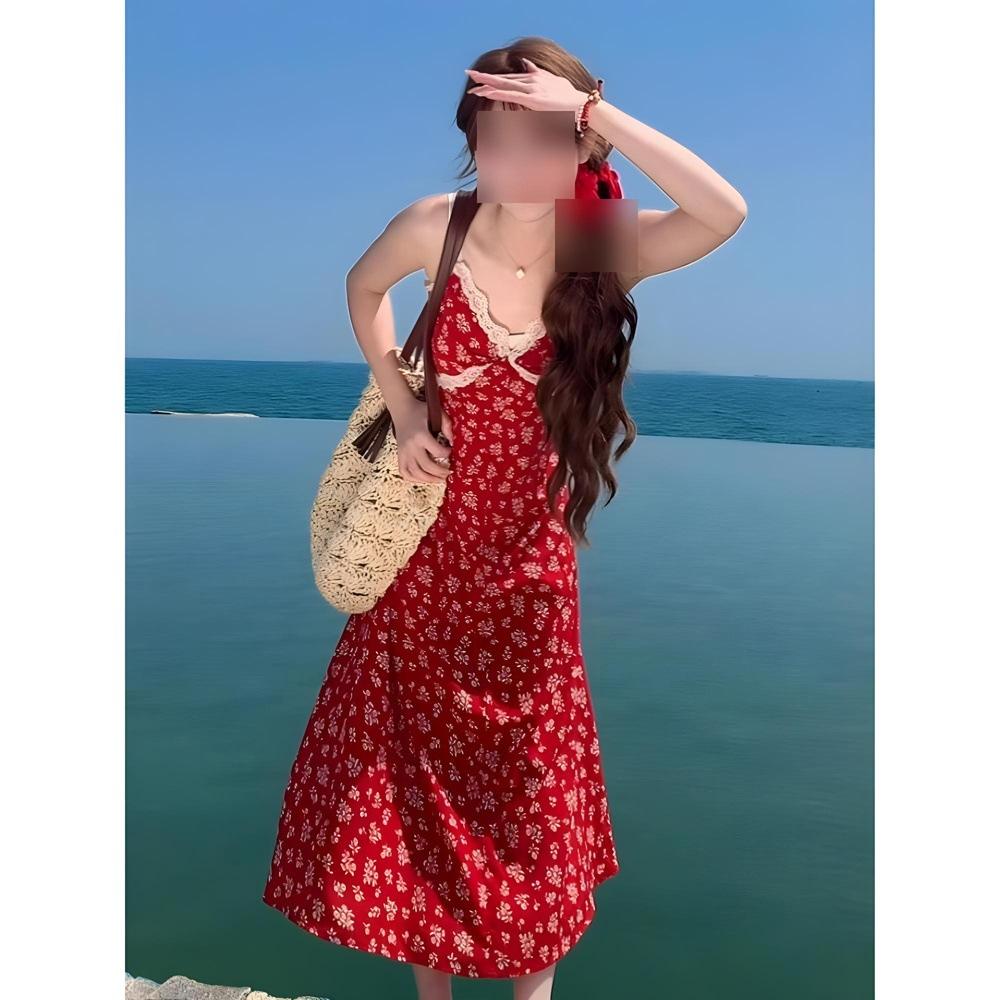 

Праздничное красное цветочное платье-комбинация женское летнее элегантное новое взрывное маленькое темпераментное длинное платье XL- (recommended 110-60kg)