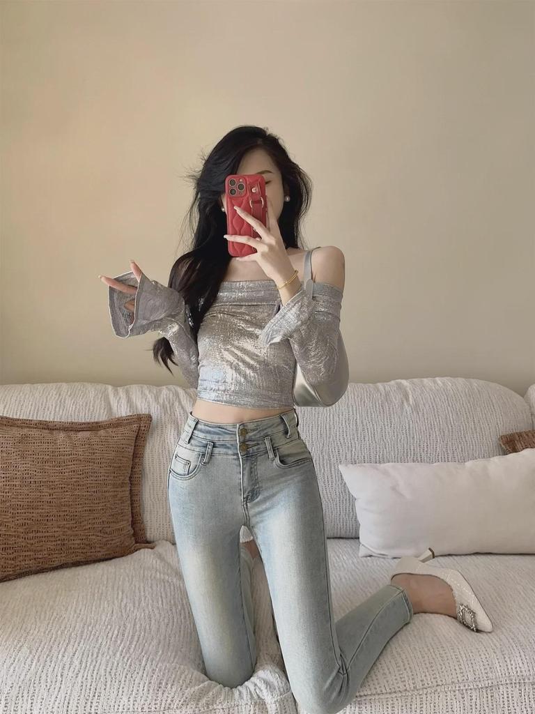 High-Waisted Skinny Jeans - Light Flared, Elastic, Slim Fit, New Spring/Summer American Style.