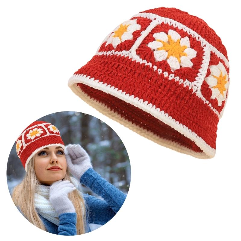 Elegant Bucket Hat Floral Granny-square Crochet Hat Holiday Decors Vacation Hat Western Cloch Style for Schoolgirls