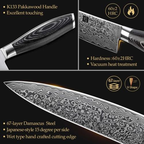 XINZUO 5-Piece Kitchen Knife Set, Damascus Steel, High Carbon Steel Chef Knife, Slicing Knife, Santoku Knife, Utility Knife, Paring Knife Set, Pakkawo