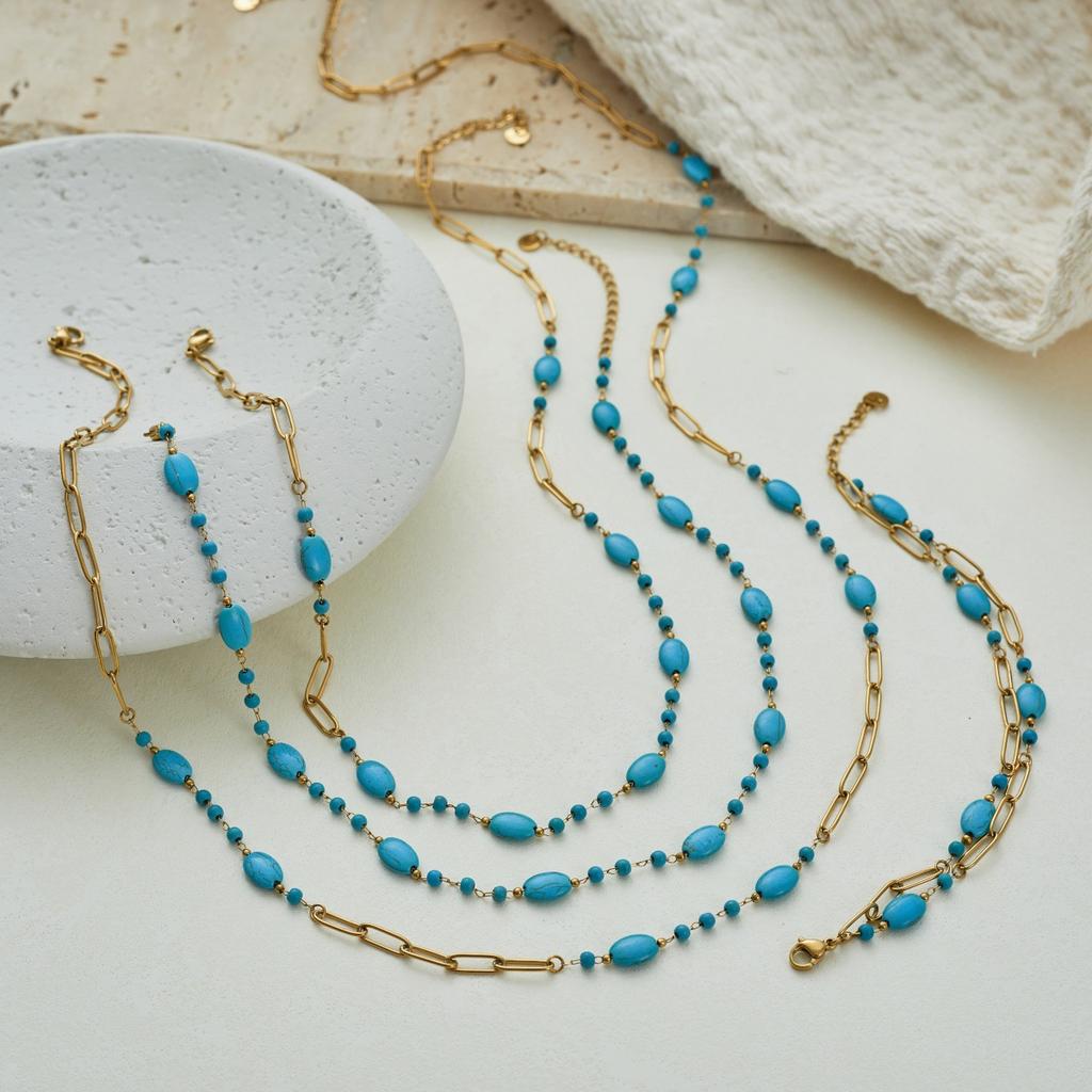 Stainless Steel Fresh Blue Beaded Necklace Women's Niche Design Sense Multi-layer Stacked Temperament Collarbone Chain