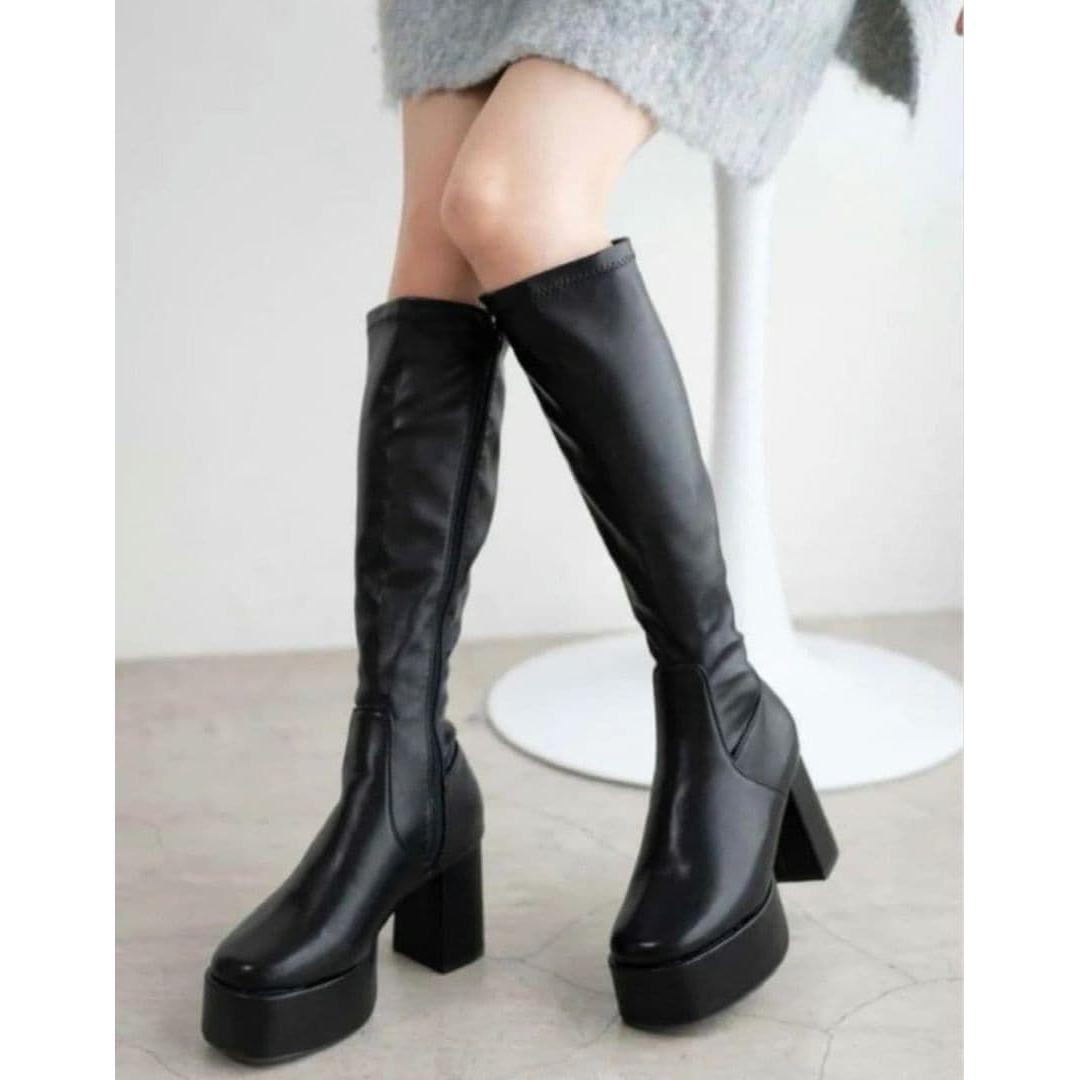 Leather heel long boots WEGO thick sole with storm black black