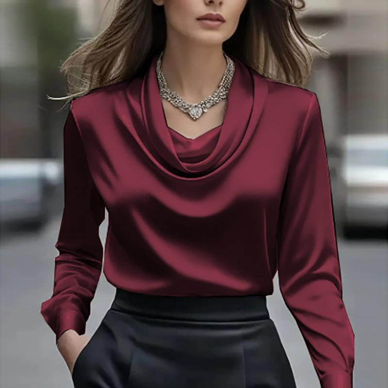 Satin-Langarmhemd Damen Elegant Seidenoberteile Damen Einfarbig Bürobluse Für Damen Frühling Herbst Pullover