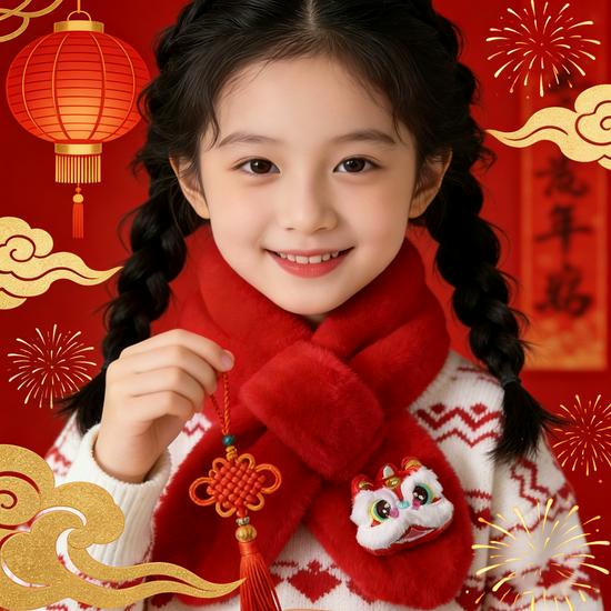 2026 Children's Little Horse Red Plush Winter Scarf - Zodiac Year Warm Anti-Cold Neck Gaiter for Girls