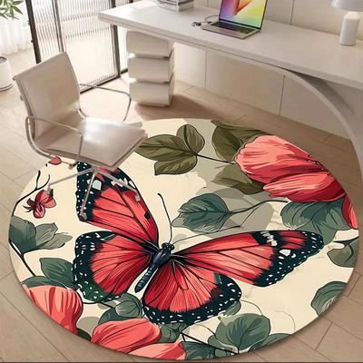 1PC Butterfly Floral Office Round Area Rug, Mat Suitable For Office, Under Office Chairs Bedroom Living Room Home Decor, Room Deco