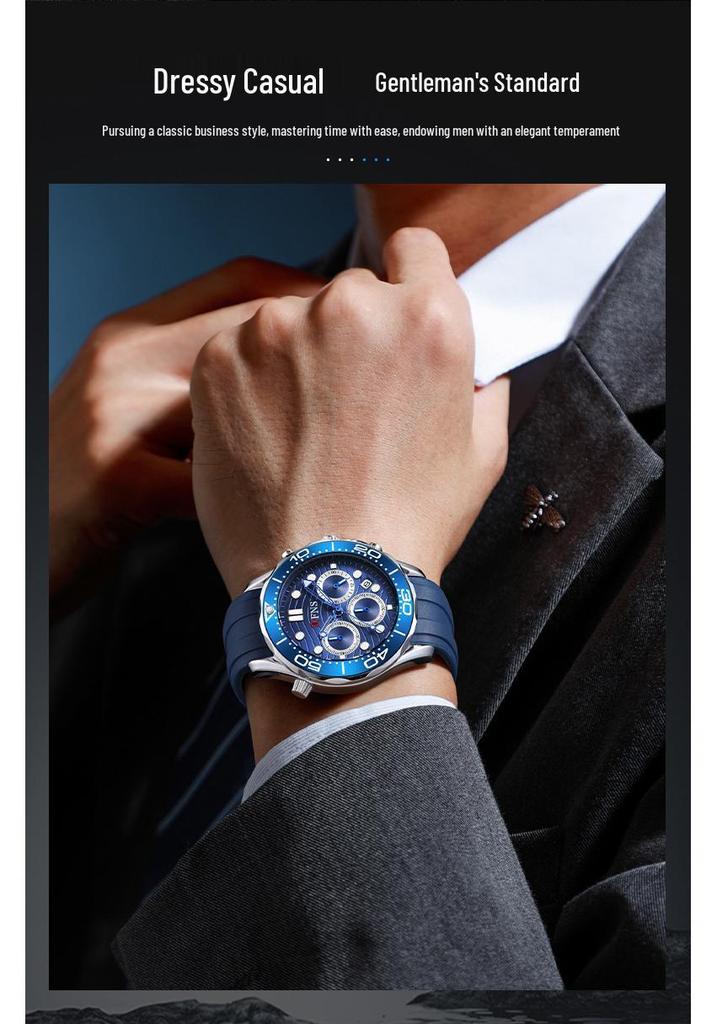 OFNS Men's Retro Waterproof Quartz Watch with Luminous Steel and Rubber Straps, Calendar, and Six-Hand Multi-Function Display.