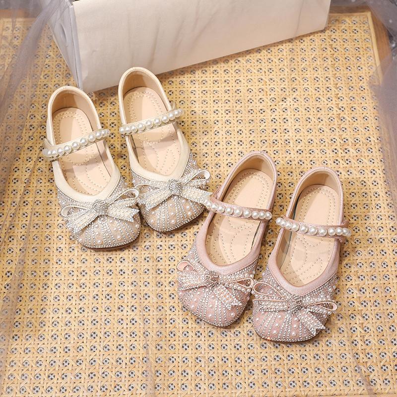 Small leather shoes children's season children's pearl bow children's soft sole baby crystal princess single shoes