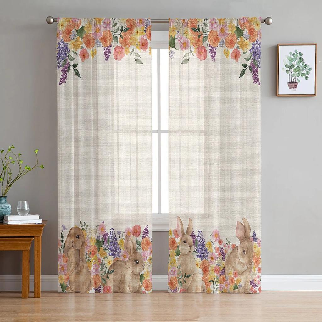 Wielkanocne jaja króliczka wiosenne kwiaty tiulowe zasłony do salonu sypialnia przezroczysta zasłona typu woal okno Home Decor zasłony