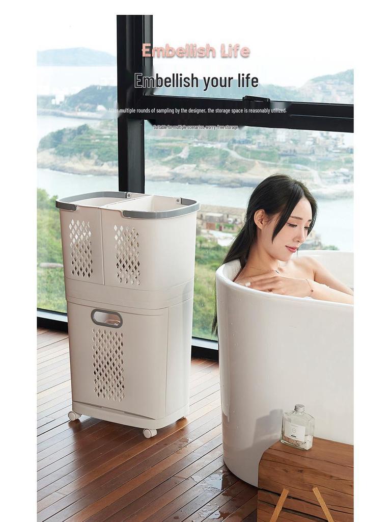 Plastový koš na prádlo v japonském stylu: Velkokapacitní, bezvrtací, vícevrstvý stojací koš na prádlo