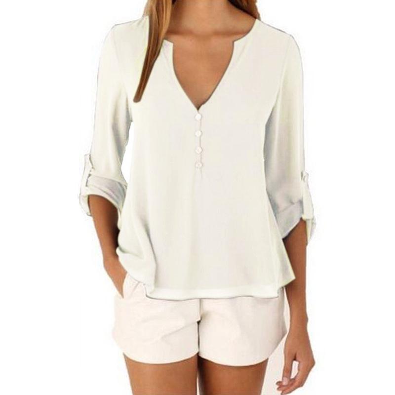 V-Neck Solid Chiffon Blouse Sexy Lady 