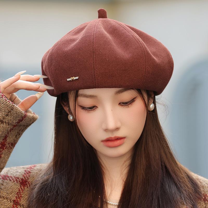 

Женский корейский модный уличный берет - Осенне-зимняя теплая кепка газетчика для более стройного образа One Size вино красного