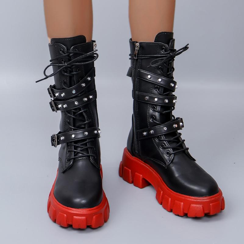 Fashion Luxury Women's Boots Pu Leather Ladies Mid-calf Boots Punk Gothic Biker Boots Side Zip Shoes for Women New Botines Para Mujeres