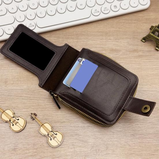 Men Faux Leather Wallet Large Capacity Wallet with ID Window Zipper Button Vintage Front Pocket Anti-Theft Multi-Slots Credit Card Holder