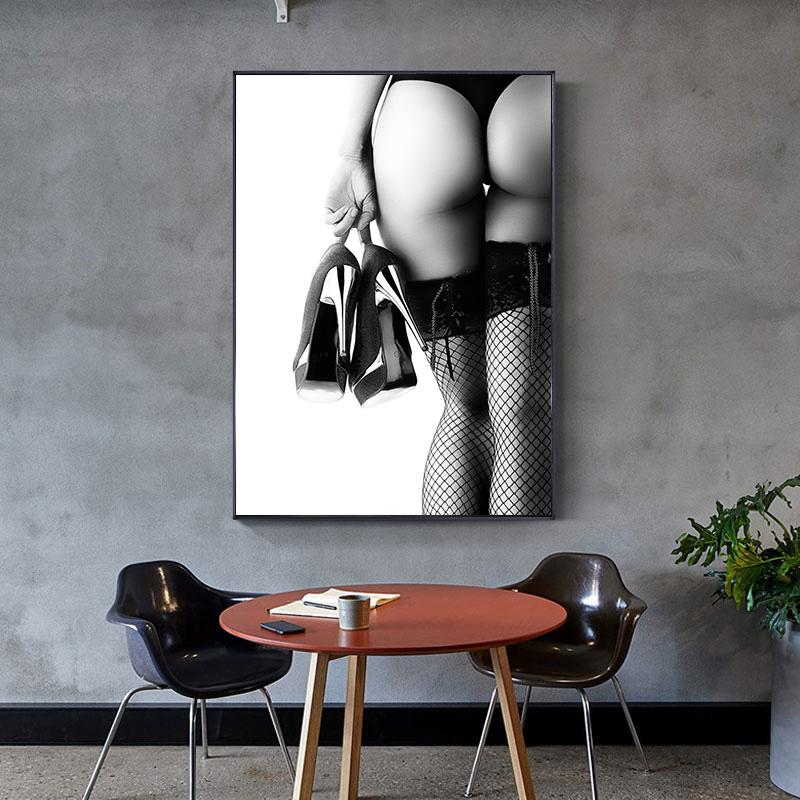 Black and White Retro Sexy Woman Briefs Canvas Poster Wine Car Nude Girls Print Painting Flower Picture for Living Room Decor