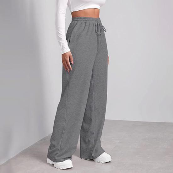 Women Wide Leg Pants Elastic High Waist Adjustable Drawstring Pure Color Long Sweatpants with Pockets Casual Lounge Pants Daily Wear