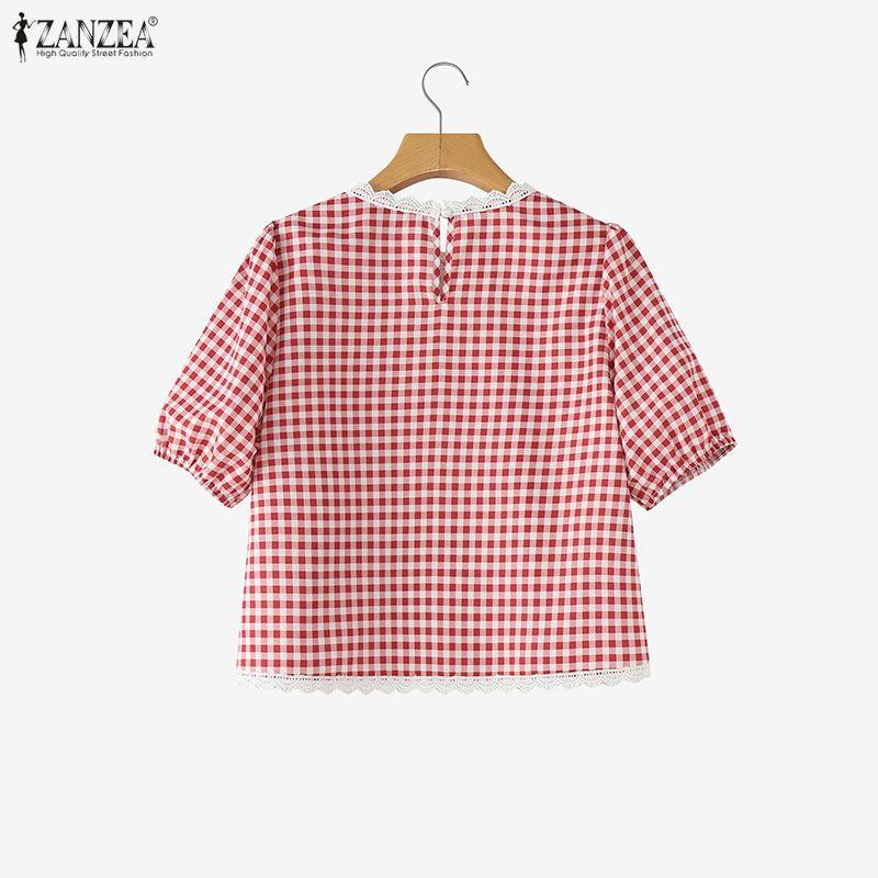 ZANZEA Women Grid Print Casual Round Neck Half Sleeve Blouse
