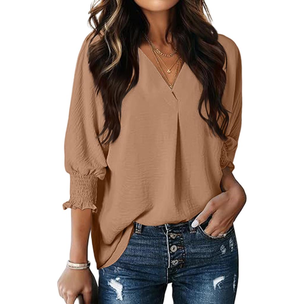 Women's Fashion V-Neck Casual Solid Color Three-Quarter Sleeve Top