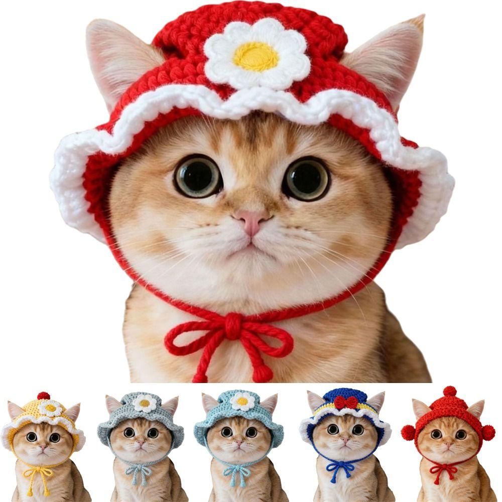 New Funny Cat Hat Handmade Photo Shoot Props Pets Party Cosplay Headwear Refined Elastic Puppy Kittens Knitted Hat Pet