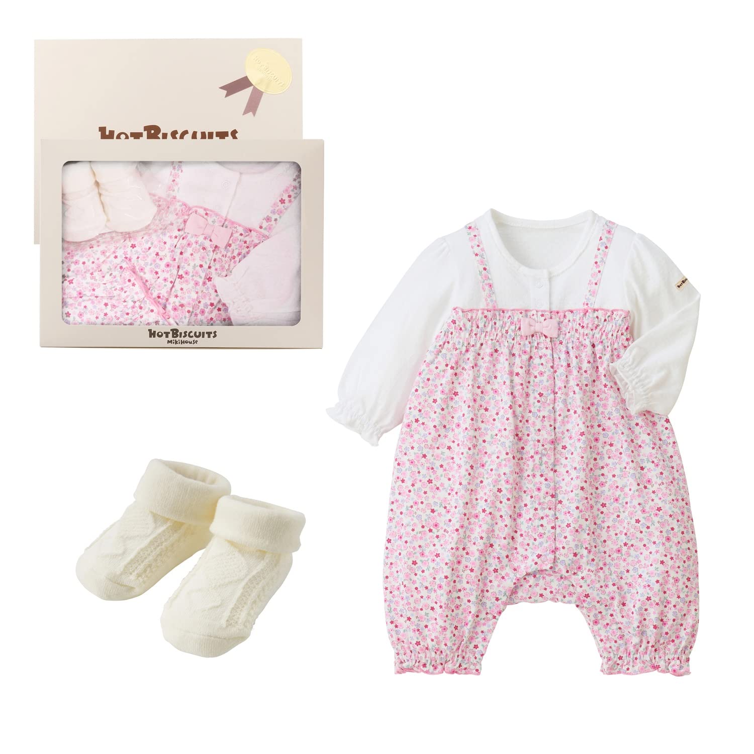 

MIKI HOUSE HOT BISCUITS Coverall Gift Set (Boxed) for Boys and Girls, Baby Clothes, Baby Shower Gift, Pink, 70cm, 74-9974-499