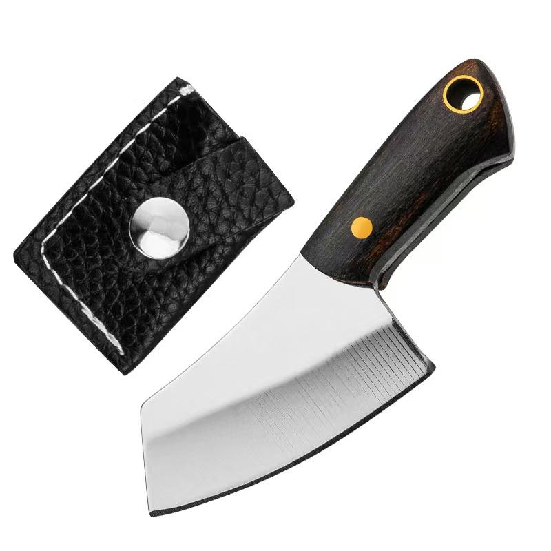 New Mini Wooden Handle Knife Outdoor Camping Open Box with Chain Portable EDC Key Knife with Leather Sheath Chain