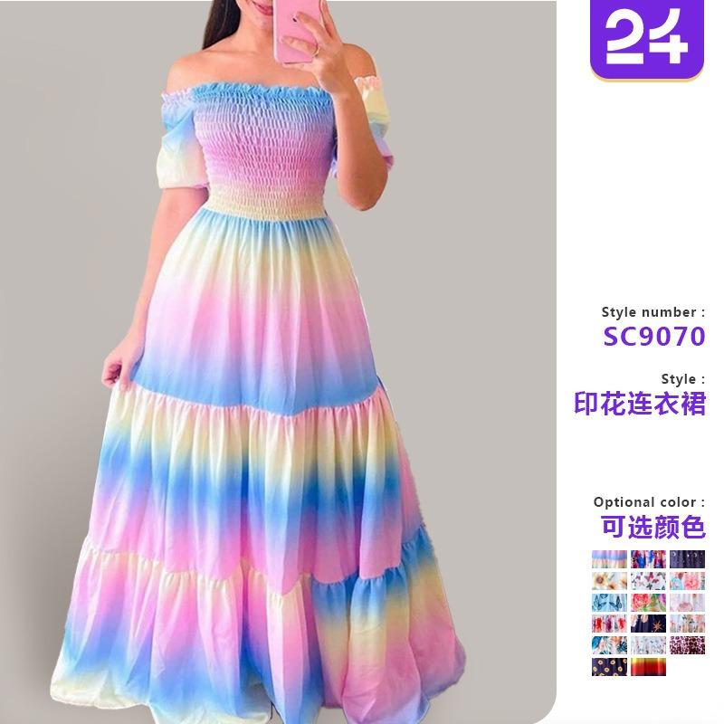 New spring and summer women's dress one-word shoulder floral fashion off-the-shoulder long printed dress