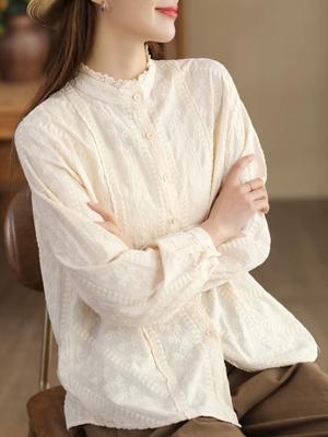 Women Vintage Embroidery Floral Shirts Tops Stand Long Sleeve Button Spring Blouses Solid Color Shirts