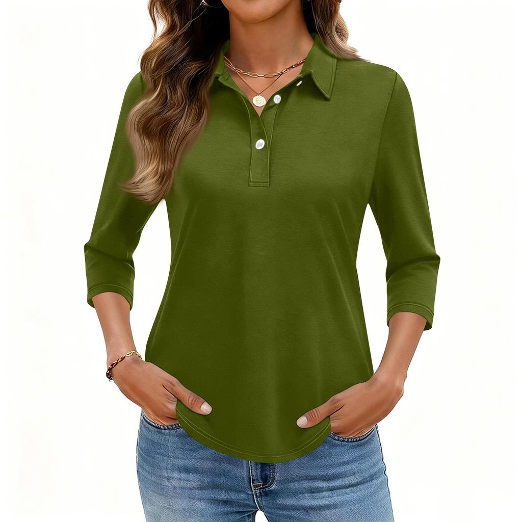 Women's Fashion Casual Lapel Short 3/4 Sleeve Color Shirt Women's Button Up Tops