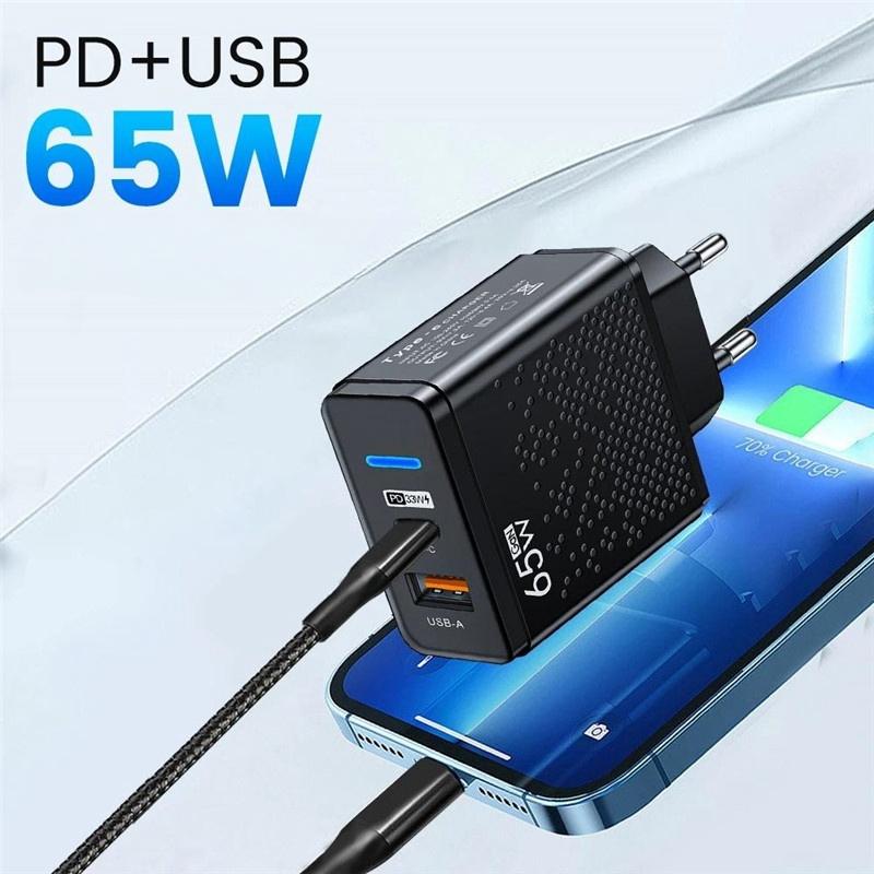 Cargador PD USB Tipo C de 65W Carga de Teléfono Móvil Tipo C Cargador de Pared para iPhone Xiaomi Samsung Cargador con Enchufe EU US UK
