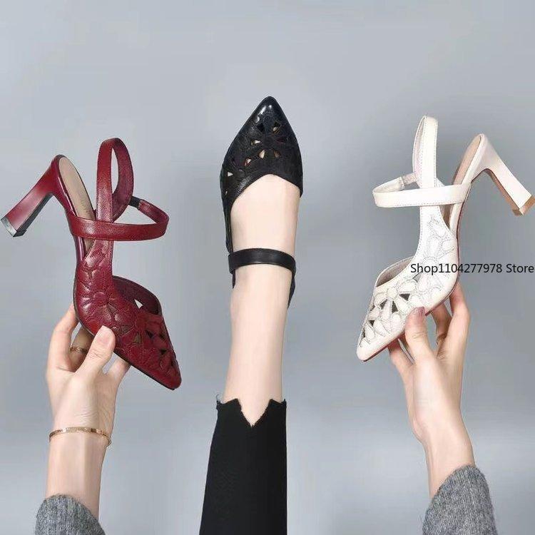 Fashion Ladies Shoes Pointed Toe Sandals for Women Block Heel Pumps Footwear Outdoor Red Heeled High Heels 2025 Summer Chunky Thick Sale