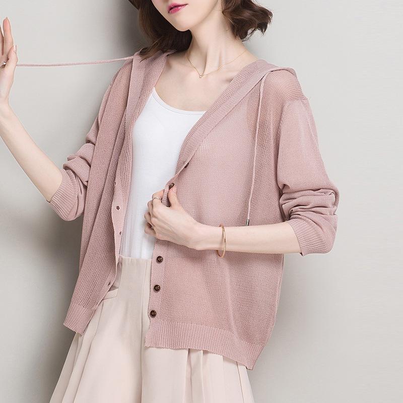 

Summer New Ice Silk Knitted Cardigan Women s Thin Sunscreen Coat Spring and Autumn Hooded Knitted Sweater S рожевий