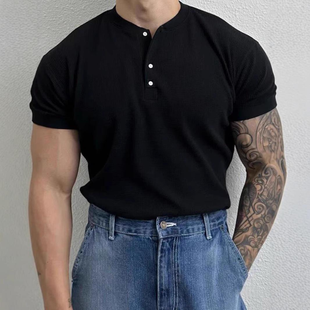 Men S Waffle Knit Henry Shirt Slim Fit Short Sleeve T Shirt M чёрный